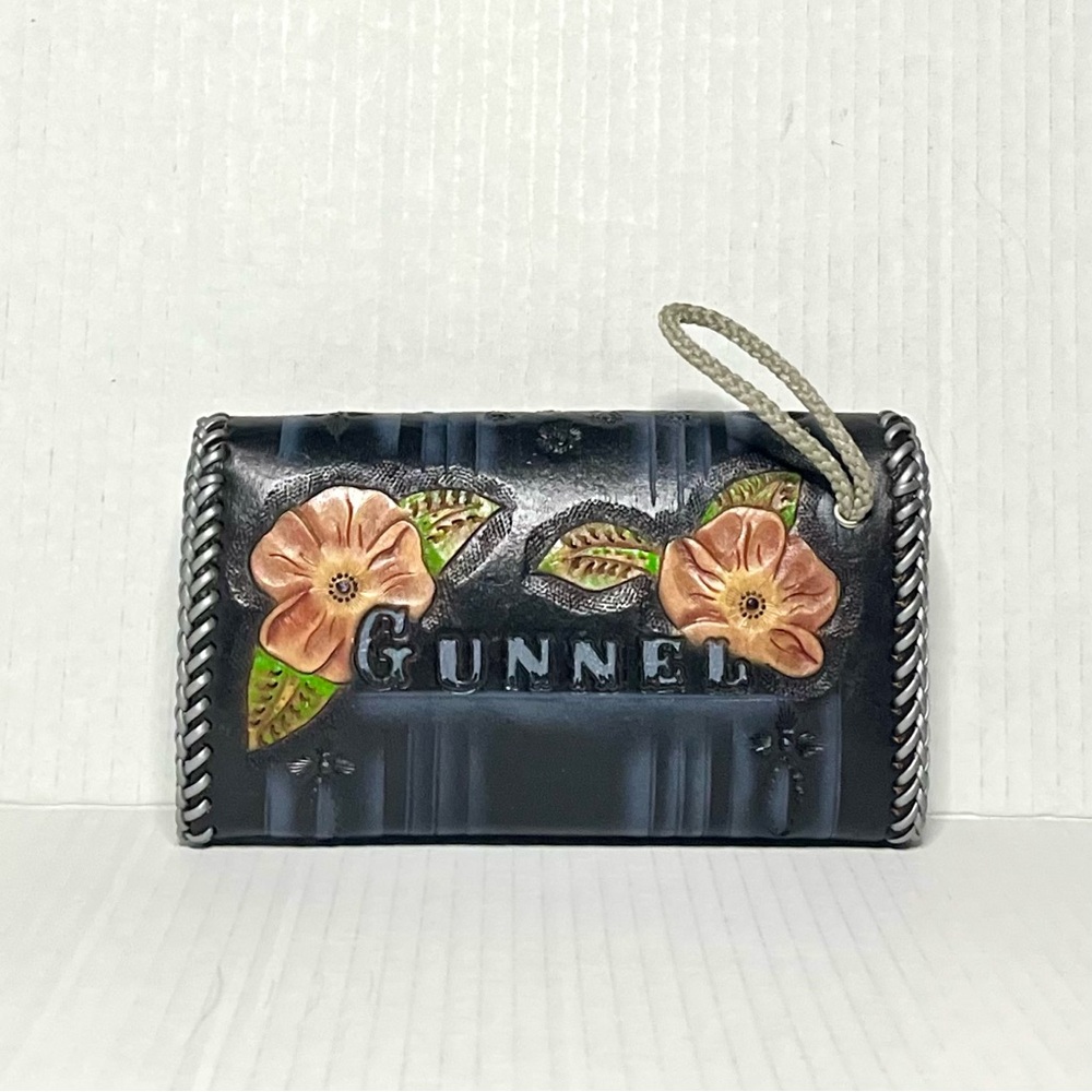 Tooled Floral “Gunnel” Black Leather Wristlet Bag